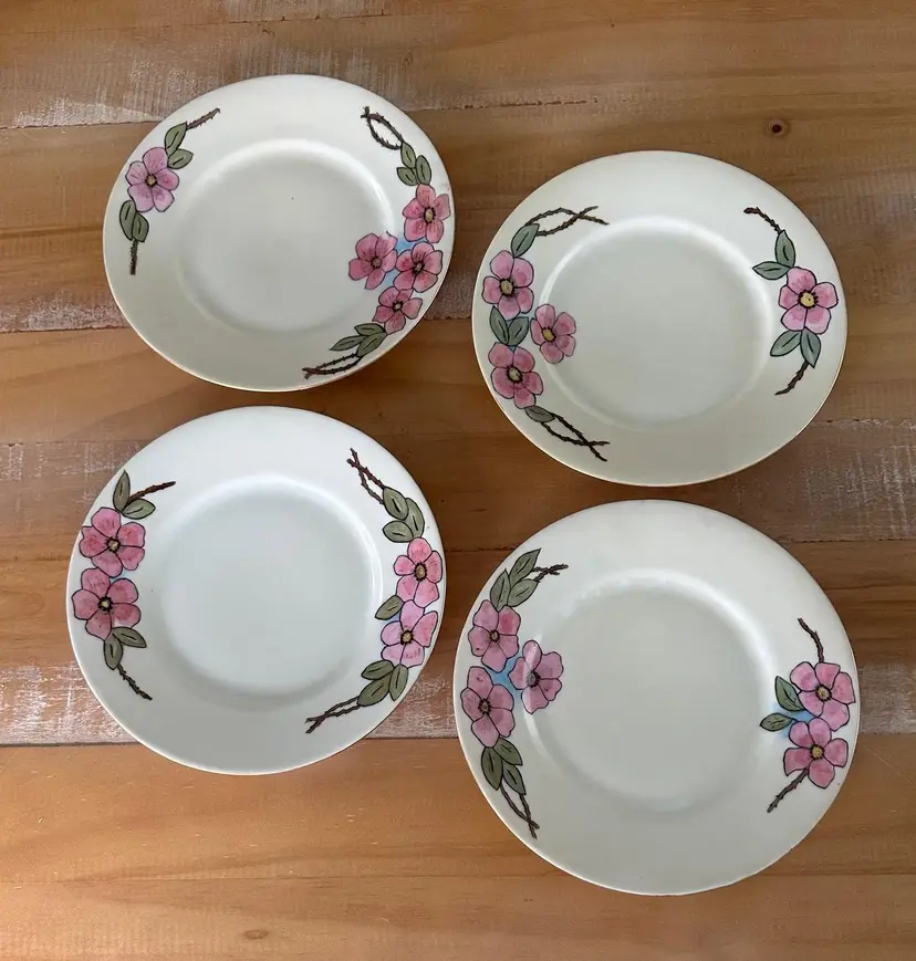 Fraureuth Germany Porcelain Bread/Salad/Dessert Plates Set Of 4 Pink Flowers
