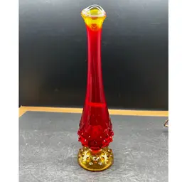 #412A Vintage 9 1/2” Fenton Hobnail Red-Orange-Yellow Amberina Swung Vase. Cadmium Glow