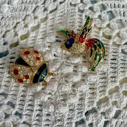 Ladybug and Bird Enamel and Rhinestone Brooch Pin Lot