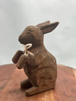 Vintage Handmade Carved Wood Bunny Rabbit Statue Home Lucky