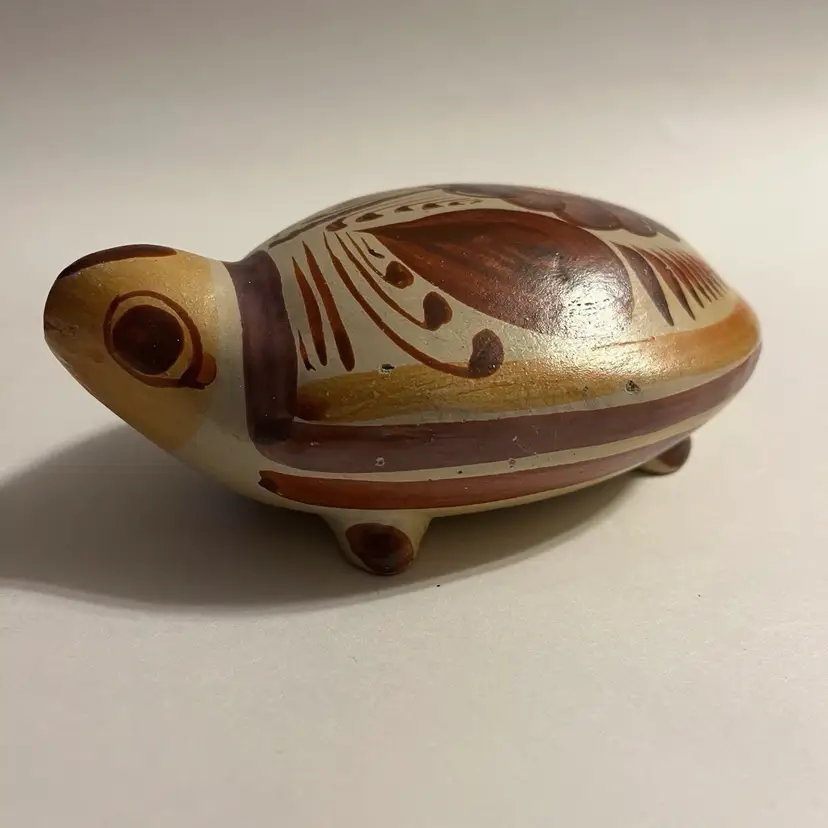 Vintage Tonala Mexican Pottery Turtle Burnished Floral Folk Art 5.75" Figurine