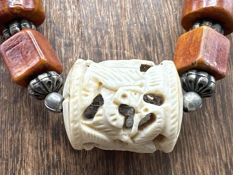 Vintage Tribal Style Beaded Necklace w/Artisan Carved Bone Beads