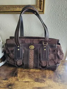 Vintage Coach Hampton Dark Choc Leather Canvas Bag