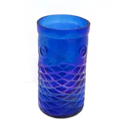 RARE John Cook Blown Glass Koi Fish Tumbler/Cobalt Blue Art Glass/Purple Iridescence/Fish Scales & Eyes/Collectible/Vase/Artist Signed
