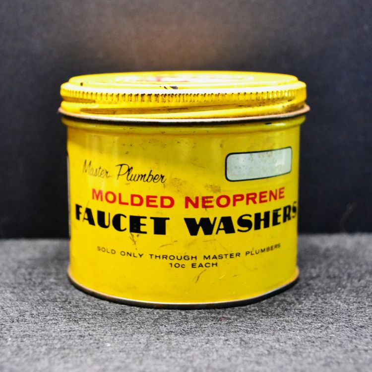 Vintage Master Plumber Faucet Washer Tin – Yellow Metal Advertising Canister – Industrial Decor (Empty)