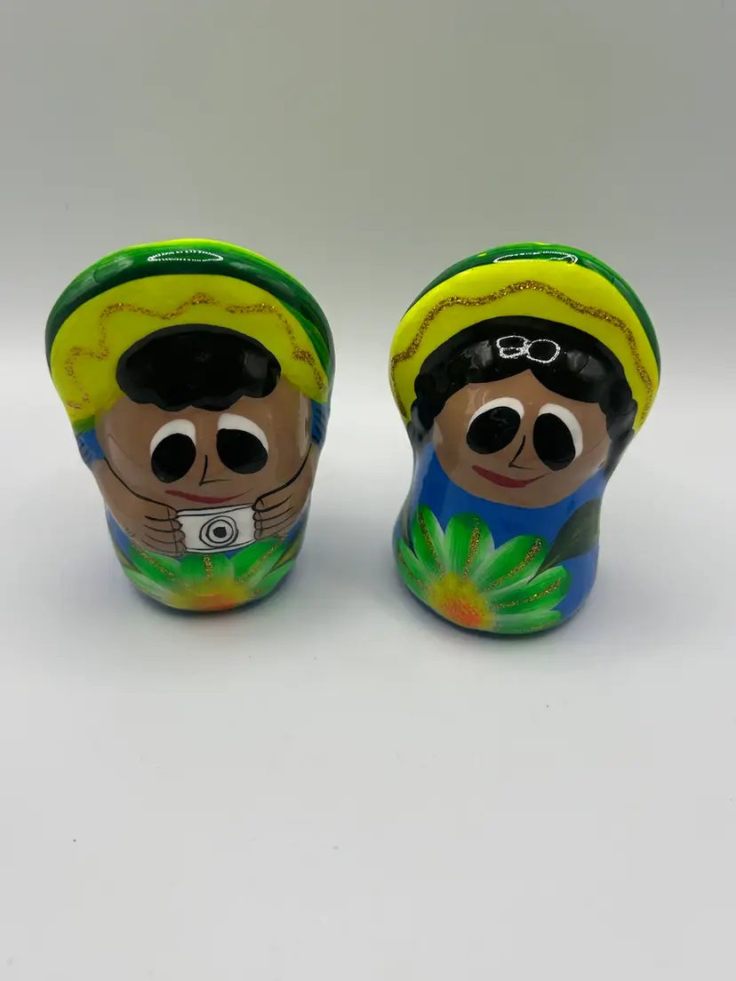 Hand Painted Mexican Folk Art Pottery Salt & Pepper Shakers They Glow