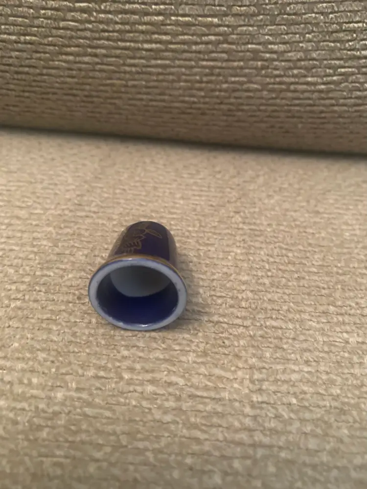 Navy Blue Porcelain Thimble With Gold Flower And Trim