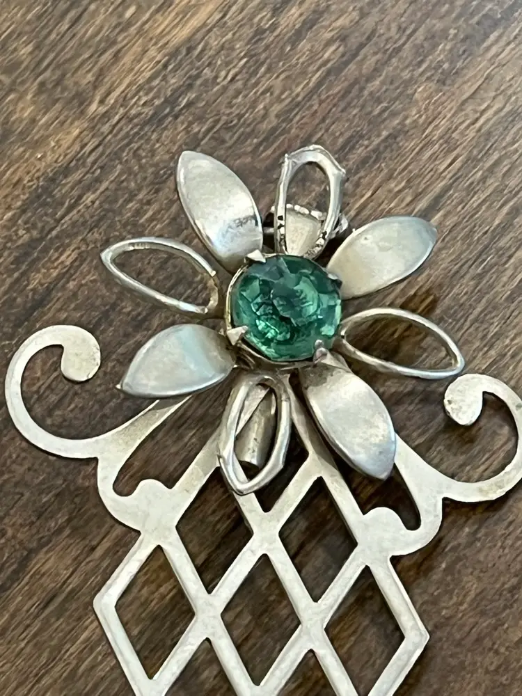 Vintage Bookmark Brooch With Green Glass