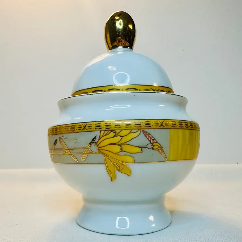 Vintage Art Deco Sugar Bowl w/ Lid Fine Bone China Gold Trim Floral Peach Japan