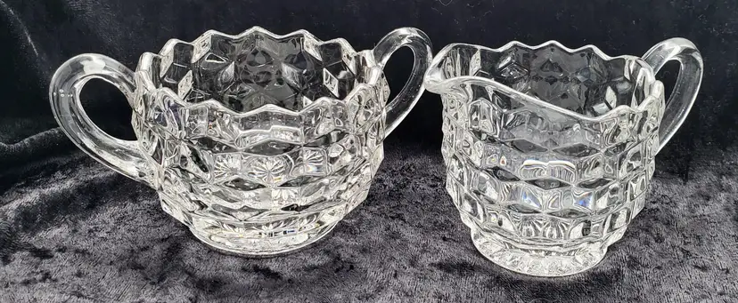 Vintage Fostoria American Cream and Open Sugar Bowl Clear Glass Set of Two