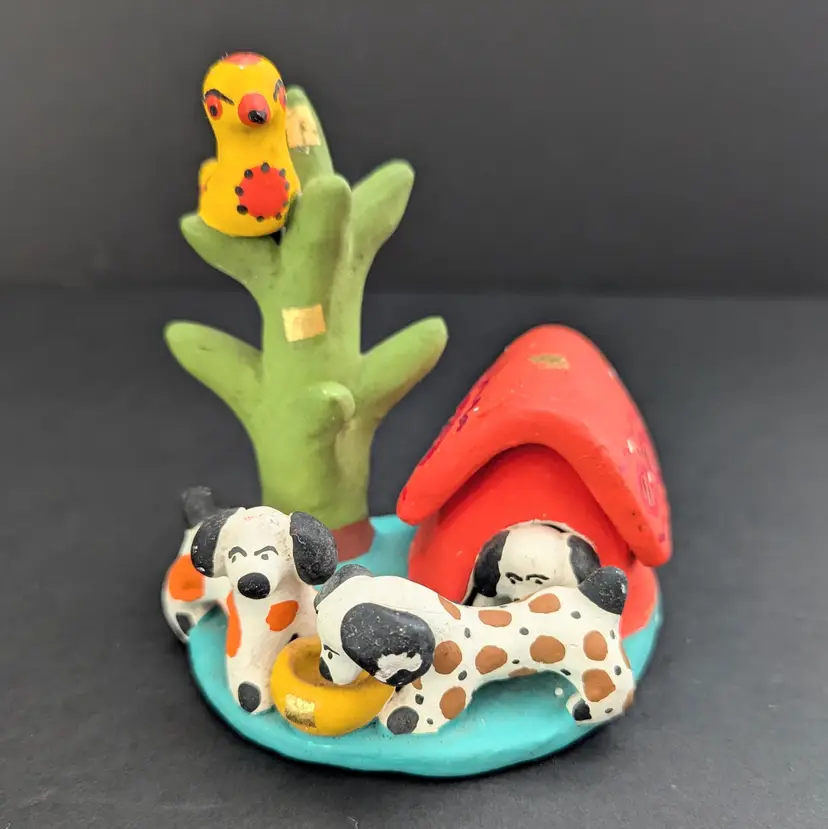 Vintage Dymkovo Russian Folk Art Pottery Figurine Puppies Doghouse Bird