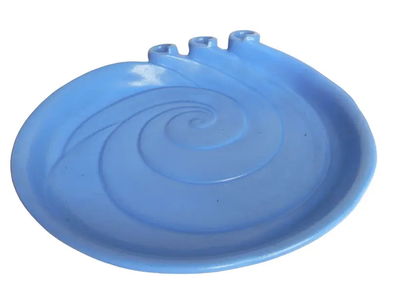 Vintage Haegar Pottery Centerpiece 3 Candle holder Round Blue Swirl Tray Bowl