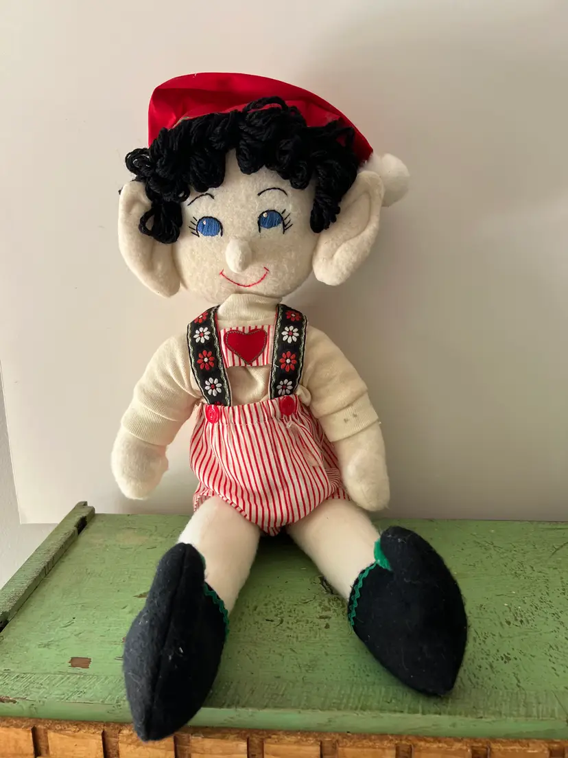 Vintage Handmade Elf Ragdoll. Christmas Valentines Cloth Doll. Jointed Limbs. 22" tall