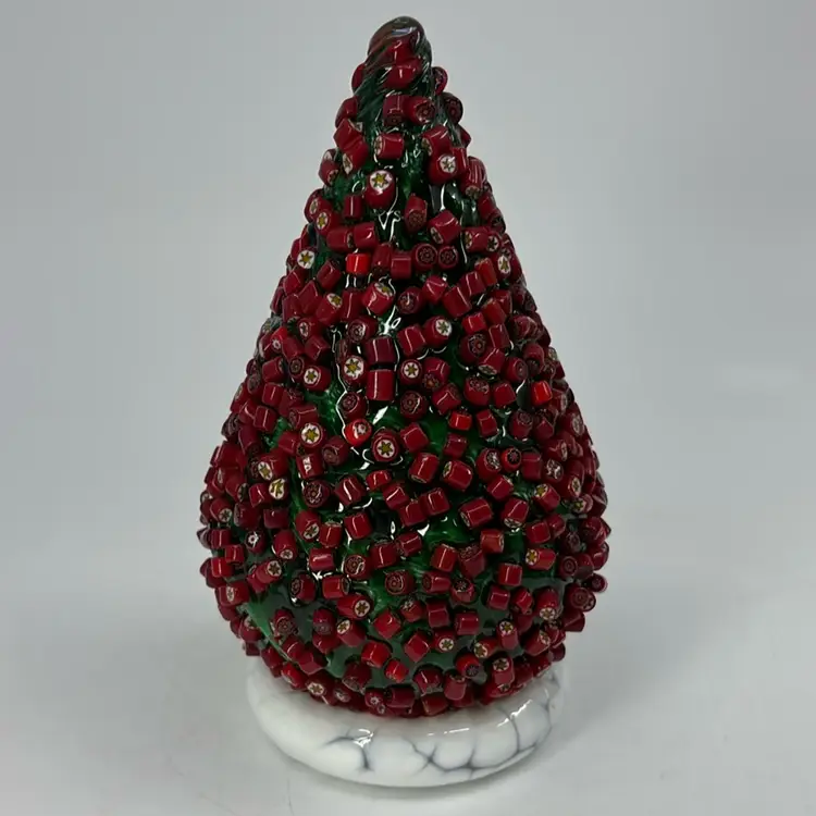 Vitrix Studios Red Millefiori Art Glass Christmas Tree Signed 5” Glows