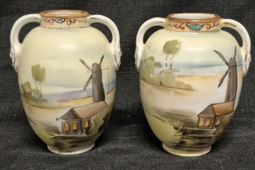 Pair of Vintage Vases Moriage Hand Painted Urn Style Landscape Art Nouveau - 5.25 inches tall