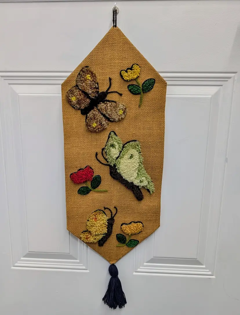 Vintage Boho Butterfly & Tulip Flower Yarn / Burlap Latch Hook Wall Hanging 30"