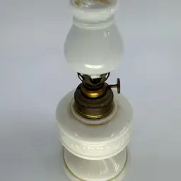 Antique Miniature Milk glass “IMPROVED BANNER" OIL LAMP SMITHS