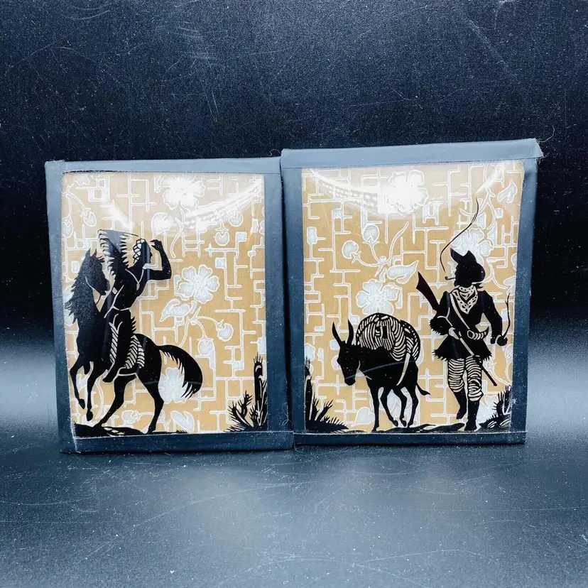 #2410 Convex Glass Black Silhouette Reverse Painting Pair Western Theme Horse Mule