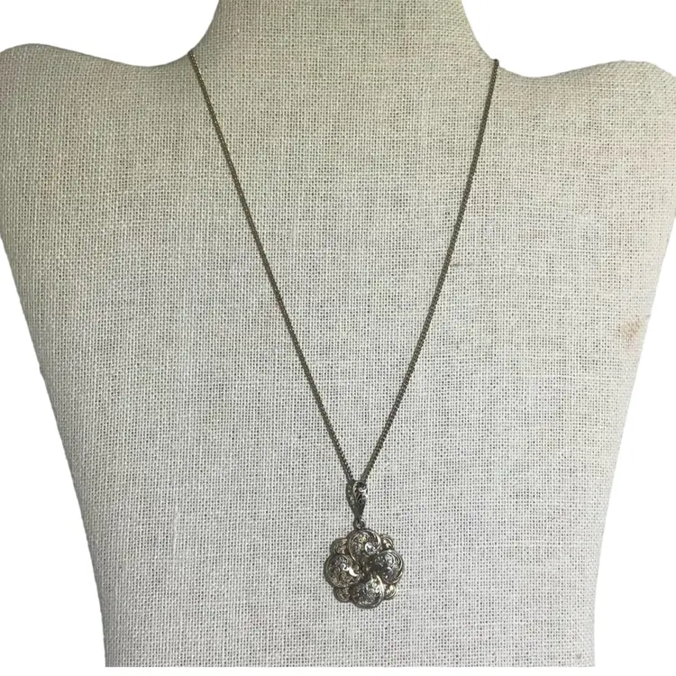 German Sterling And Gold Floral Pendant Necklace With Clip On Earrings, True Vintage 