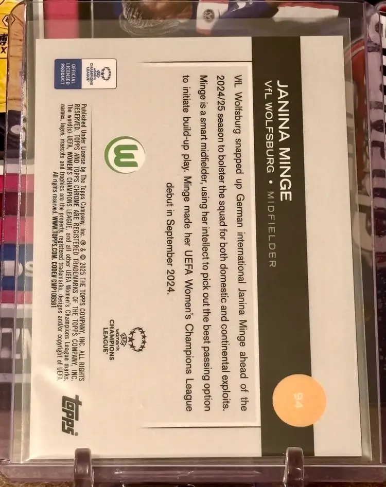 Janina Minge 2024/25 Topps Chrome UWCL Pink /250 Wolfsburg Germany Rookie Soccer Card