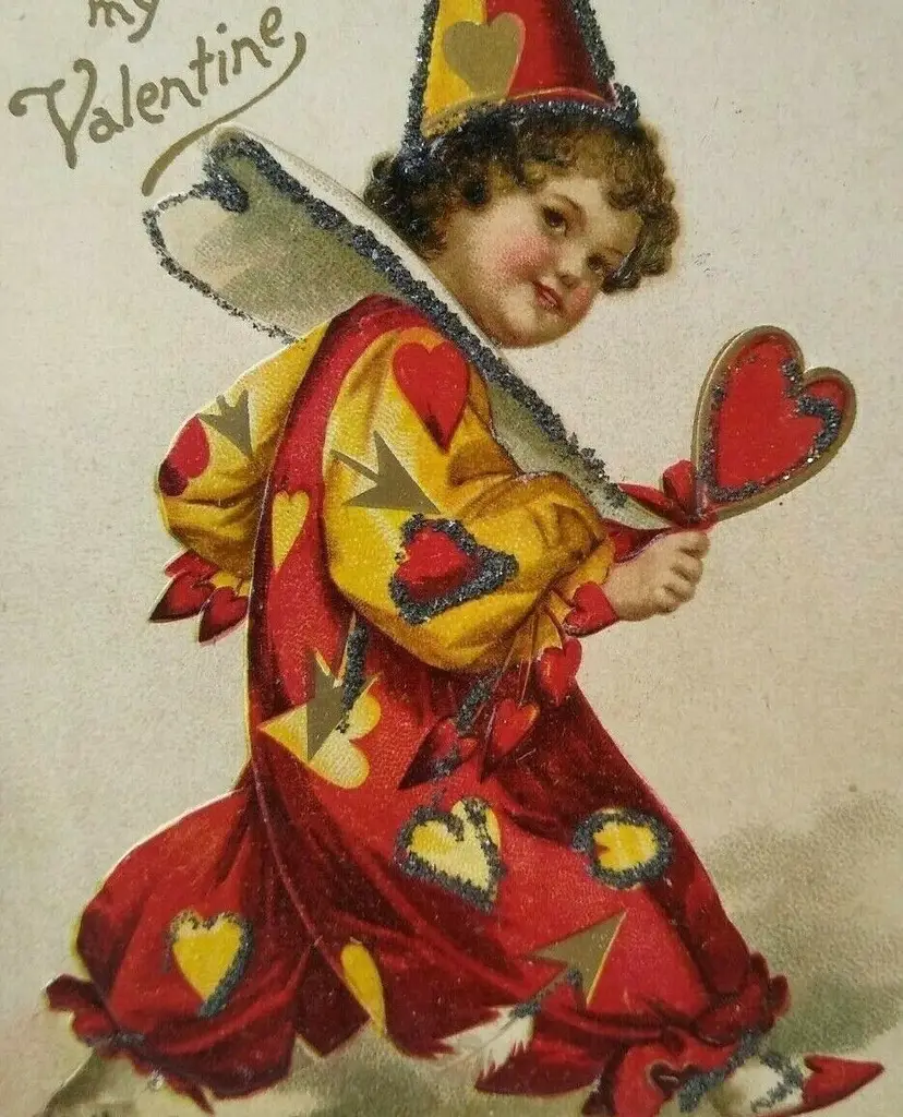 Valentines Day Postcard Heart Clown Child Glitter Mica Unsigned Ellen Clapsaddle