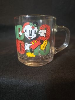 Vintage Disney Mickey Mouse HO HO HO Christmas Glass Mug by Anchor Hocking