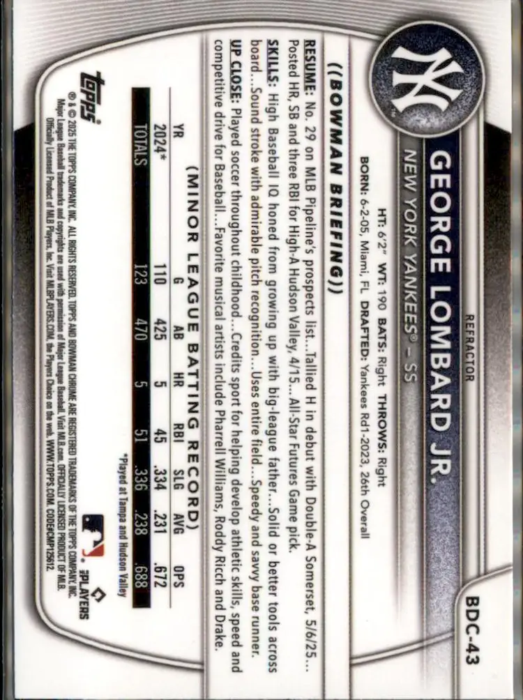 2025 Bowman Draft #BDC-43 George Lombard Jr. Chrome Refractor - (138) - New York Yankees