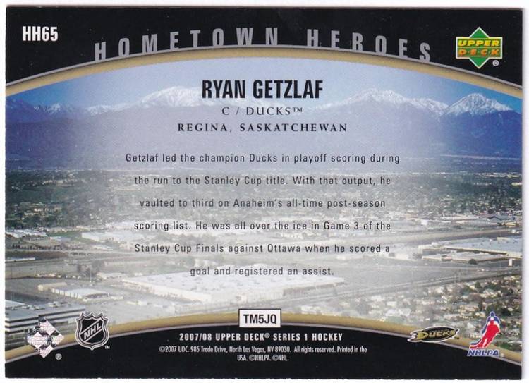 200708 Upper Deck Hometown Heroes HH65 Ryan Getzlaf Anaheim Ducks