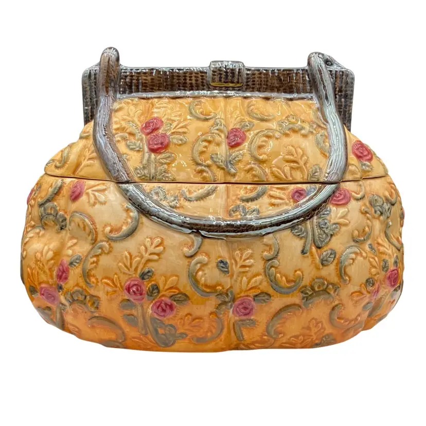 Ceramic Cookie Jar, Yellow Clutch "Purse", Red Roses & Green Leaves, Int'l Art