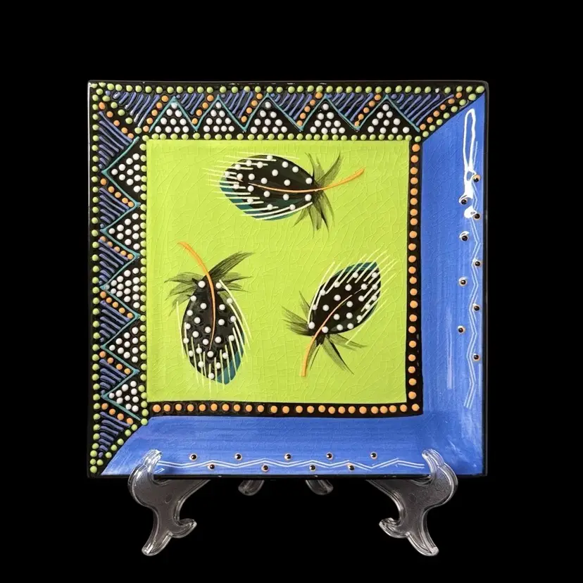 South African Nombulelo Mkiva 9”Square Plate 2011 Hand Painted Art Pottery Signed
