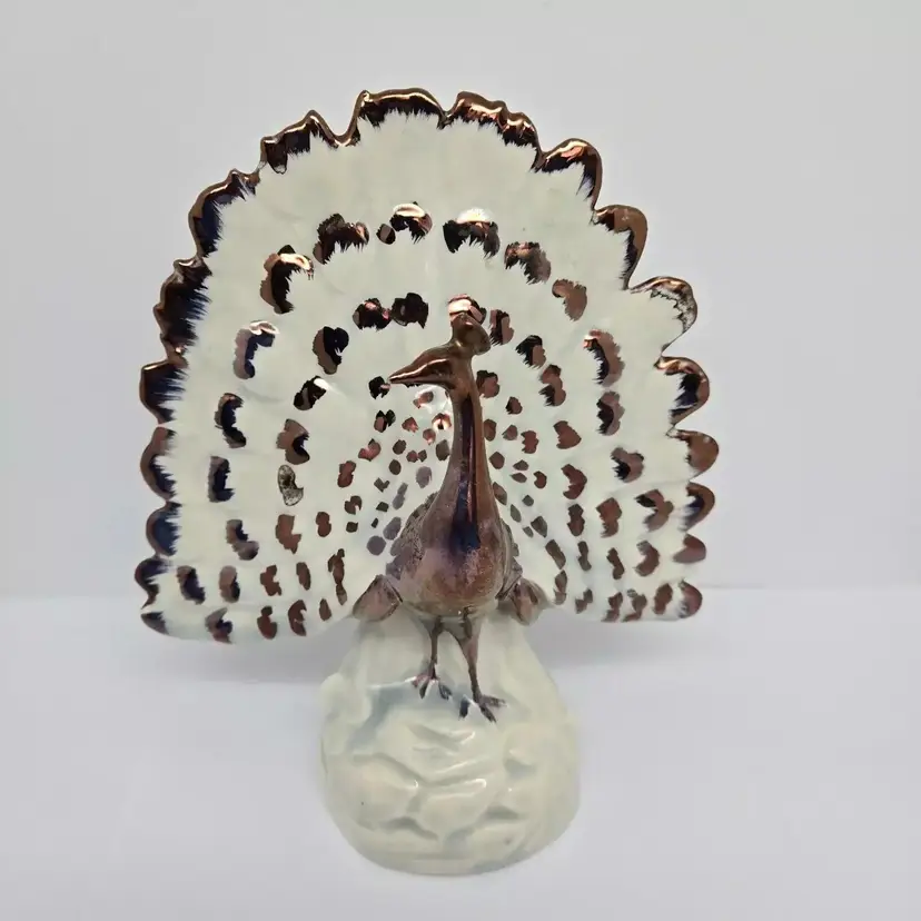 Vintage Hand Painted Ceramic Peacock, 7.5", Ivory and Bronze