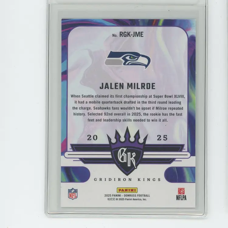 Football 2025 Panini Donruss Gridiron Kings Jalen Milroe #RGK-JME Seattle Seahawks