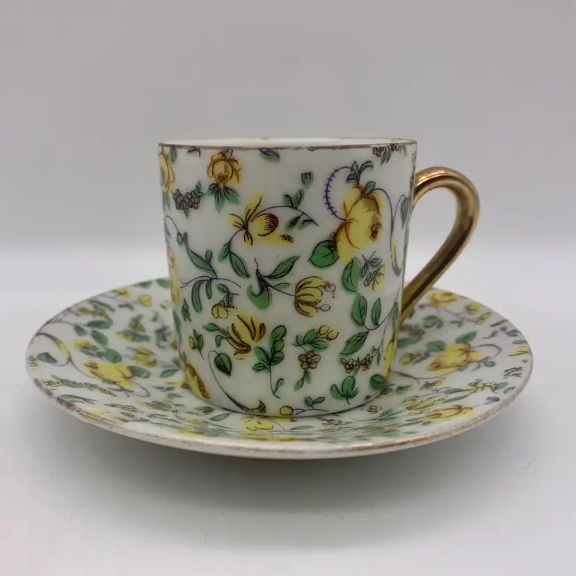 Vintage Inarco Japan Demitasse Cup And Saucer Chintz Yellow Roses