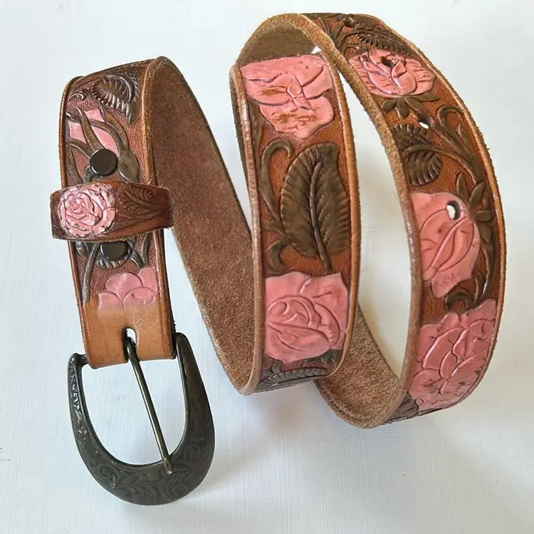 Vintage Leather Belt With Floral Design Brass Buckle First Issue LARGE 38”