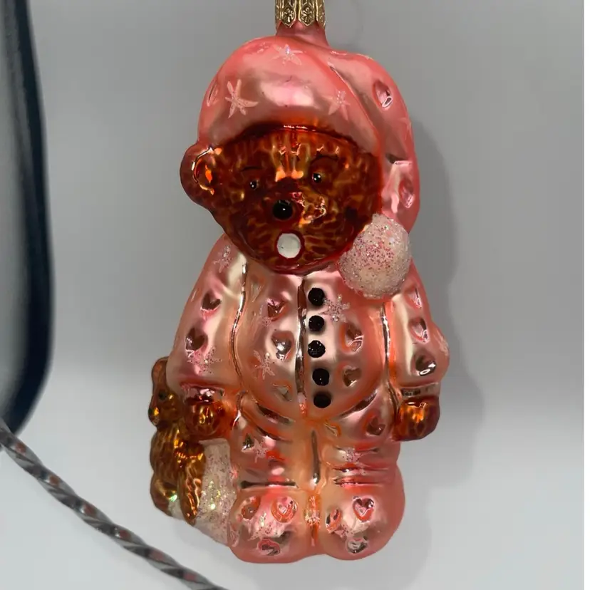 Christopher Radko 1996 Bearly Awake Pink Teddy Bear Glass Ornament 5.5”