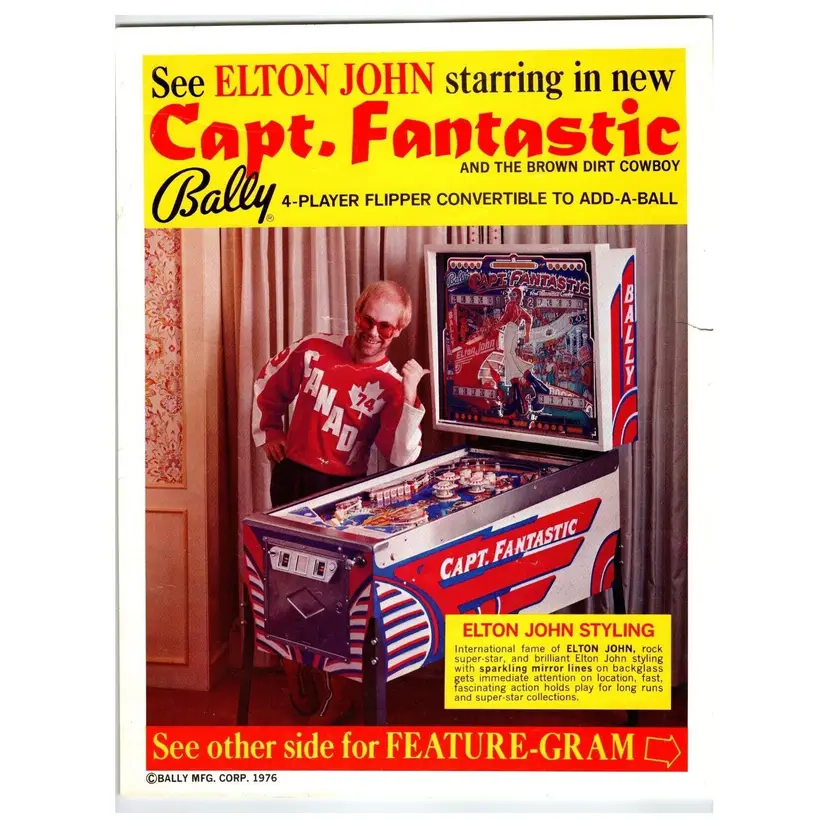Elton John Capt. Fantastic Pinball Flyer Original 1976 Pop Rock Tommy Captain