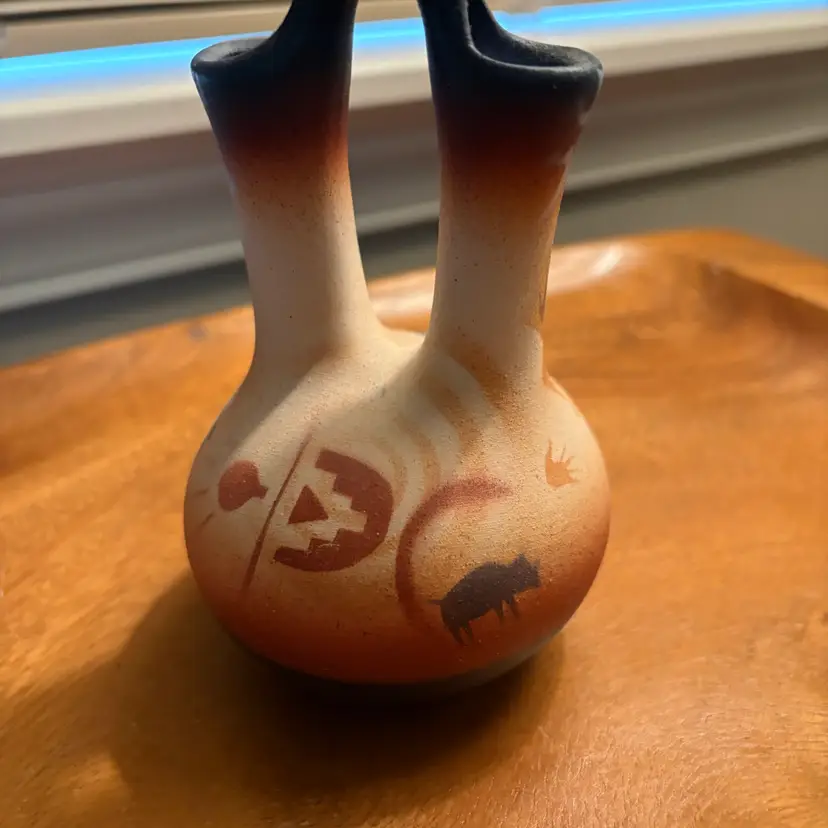 Vintage Navajo Wedding Vase 5" Kokopelli Buffalo Deer Petroglyph Signed