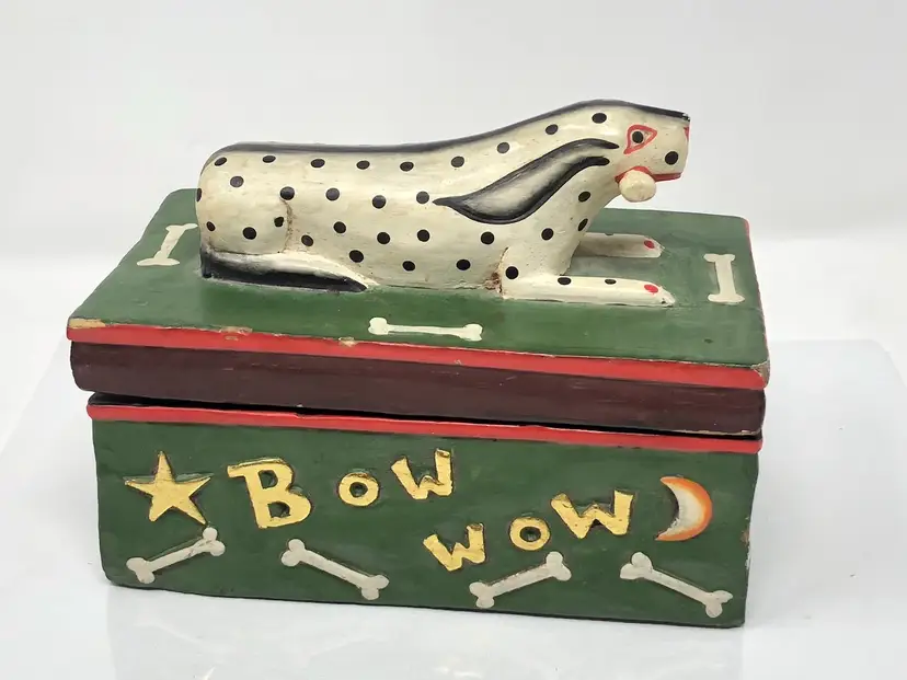 Carved Wood Folk Art Dog Treat Box with Hinged Lid