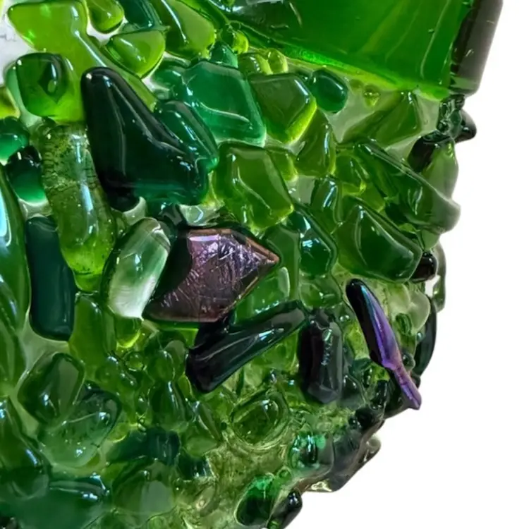 Fused Glass Votive Candle Holder Handkerchief style-Green with Dichroic Accents  3 3/4” Tall