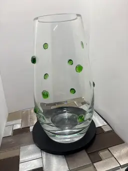 Vintage Southern Living Large Verde Glass Art Vase with Green Fused Glass Dots 11 inches
