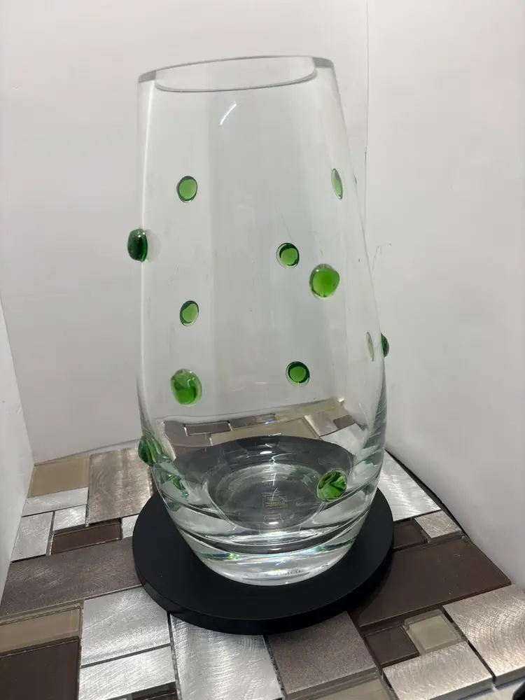 Vintage Southern Living Large Verde Glass Art Vase with Green Fused Glass Dots 11 inches