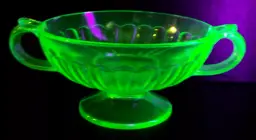 Vintage Uranium Glass Green Handled Bowl Compote Footed Dish Black Light Glows UV Reactive