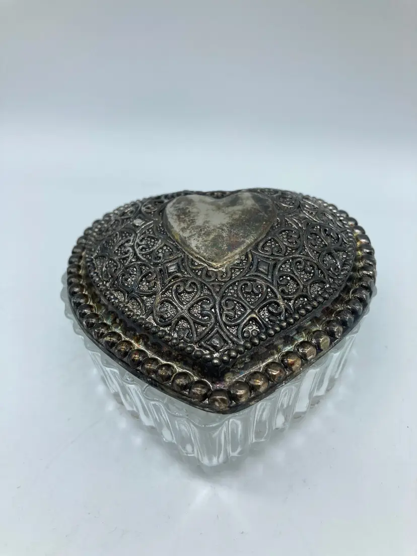 Vintage Heart Shape Metal And Glass Trinket Dish Jewelry Box
