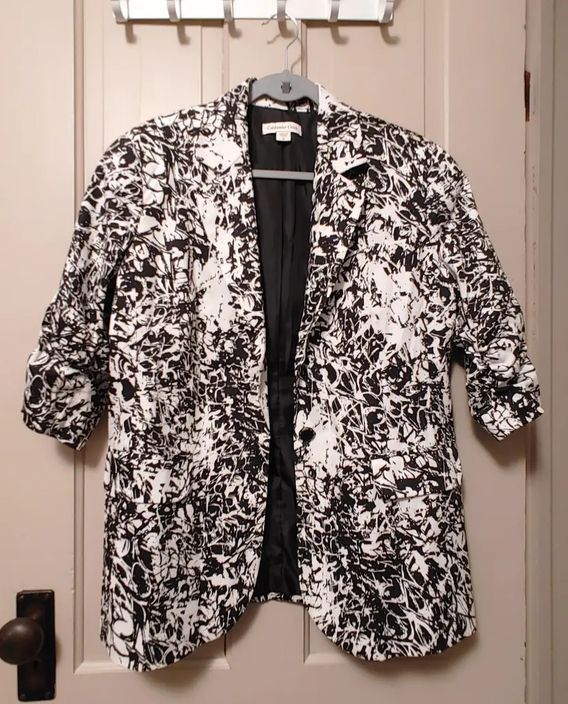 Jacket- Brand: Coldwater Creek. Size 12. Black white jacket. 97% cotton, 3% spandex. No callouts.