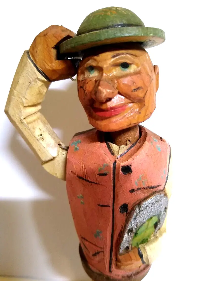 ANRI Mechanical Full Torso Man Bottle Stopper Carved Wood Bar Hat Tipper Italy