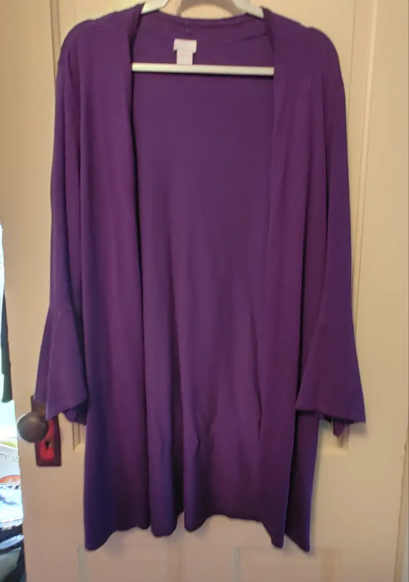 Top- Brand: Chico's. Size 2 (Large/12). Purple cardigan. Material- 71% rayon, 29% nylon.  No callouts.