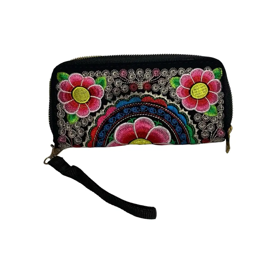 Wallet Embroidered Colorful Floral 7.75 X 4” Zippered