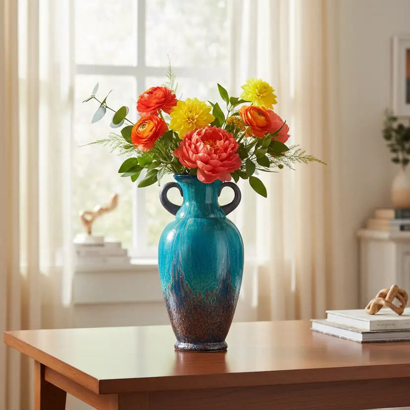 Dale Tiffany Art Glass Amphora Turquoise Vase w/ Purple Handles & Copper Flecks