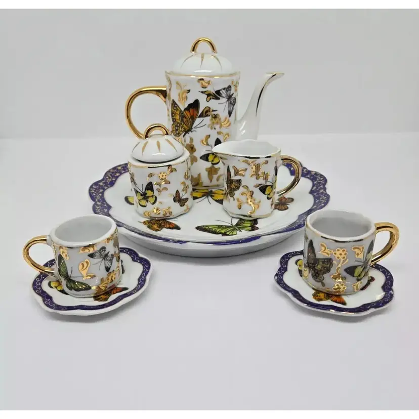 Miniature Porcelain Tea Set Butterfly Collection by SKO, 10 pieces