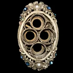 Vintage Cast Metal Floral Lipstick Holder With Faux Pearl And Blue Rhinestones